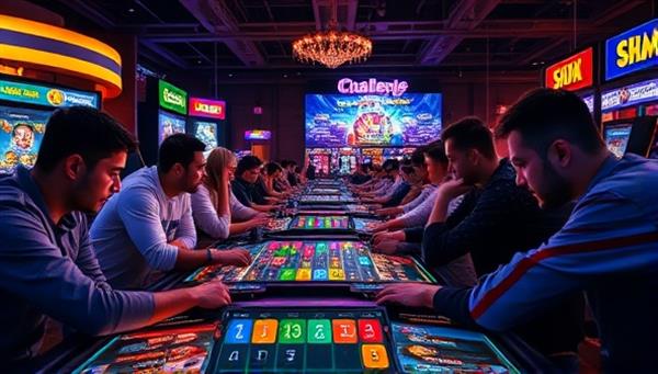 An intense gaming challenge scene with players engrossed in skill-based casino games, showcasing strategic thinking and competitiveness in the SkillWinChallenge platform, emphasizing the skill-driven nature of the gaming experience.