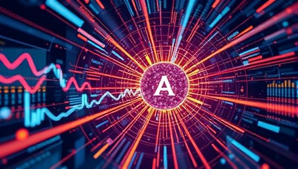 A futuristic visualization of data streams flowing into a central AI system, analyzing digital ad performance metrics and generating optimized strategies in a dynamic and digital environment, representing the advanced analytical capabilities of AdAnalyzerAI.