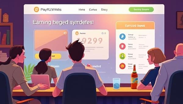 An animated scene of users interacting with a gamified website interface, earning rewards and engaging with playful design elements, reflecting the immersive and interactive nature of PlayfulUXWeb