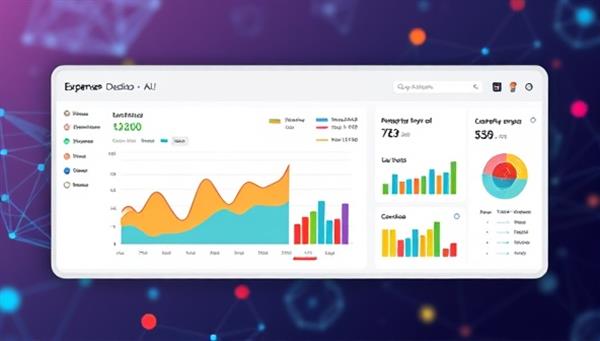 An innovative dashboard layout displaying colorful graphs and charts representing expense data, with AI algorithms in the background symbolizing automation and efficiency.