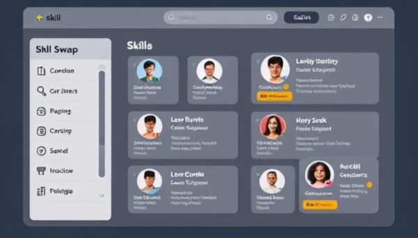 An interactive virtual platform interface displaying various skill categories and user profiles engaging in skill swap transactions, highlighting the diversity and exchange of knowledge within the community.