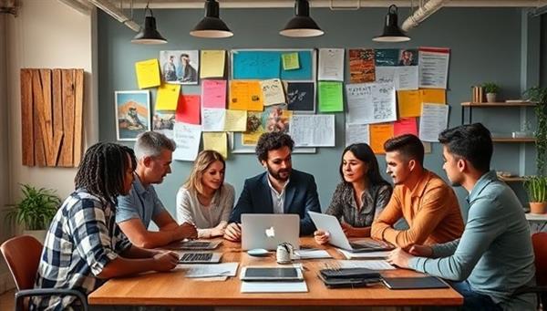 A team of diverse creatives brainstorming in a modern office space, surrounded by colorful mood boards and digital devices, illustrating a dynamic and collaborative content creation process.