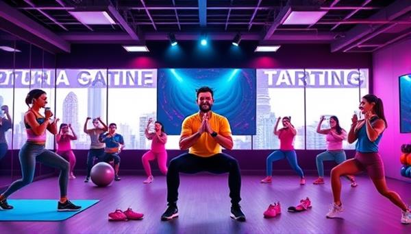 An energetic and vibrant digital artwork featuring a virtual fitness coaching session with clients engaging in various exercises, healthy eating habits, and wellness activities, exuding energy, vitality, and a commitment to health and fitness.