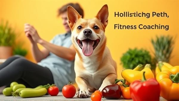 A vibrant image of a happy, healthy pet engaging in a fun exercise routine with its owner, surrounded by colorful fruits and vegetables, promoting the concept of holistic pet health and fitness coaching.