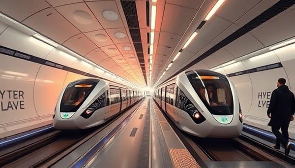 A futuristic hyperloop station with sleek pods arriving and departing at high speeds, passengers boarding and disembarking seamlessly, illustrating the efficiency and innovation of hyperloop commuter services.