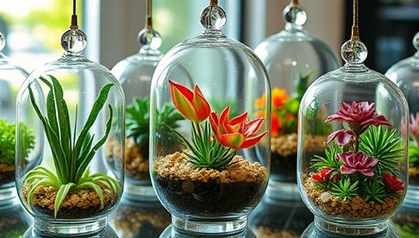 A captivating display of artisanal glass terrariums created at Glassscape Studios, featuring intricate designs and vibrant plant arrangements within the transparent glass structures, capturing the essence of creativity and nature in a harmonious blend.