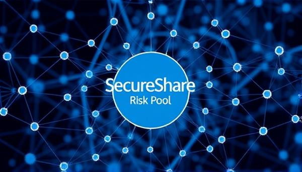 An artistic representation of interconnected nodes forming a blockchain network, with SecureShare Risk Pool branding at the center, symbolizing transparency, security, and shared risk principles in the decentralized insurance platform.