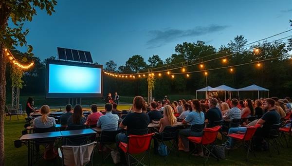 An outdoor cinema setup with solar-powered projectors, biodegradable seating, and attendees enjoying a movie under the stars while surrounded by eco-friendly decorations and sustainable concessions, creating a harmonious and green movie-watching experience.