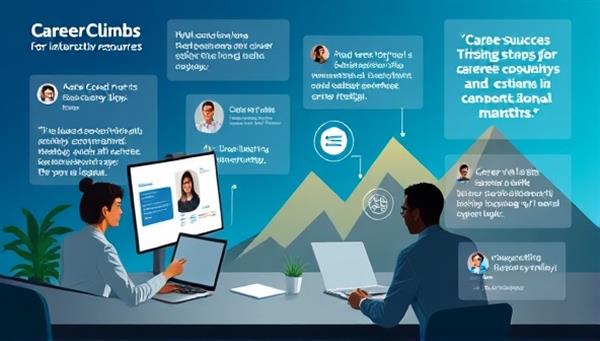 An interactive digital workspace featuring career resources, job search tips, and virtual coaching sessions with professional mentors, overlaid with career success stories, inspirational quotes, and industry insights, creating a dynamic and supportive environment for career growth through CareerClimb.