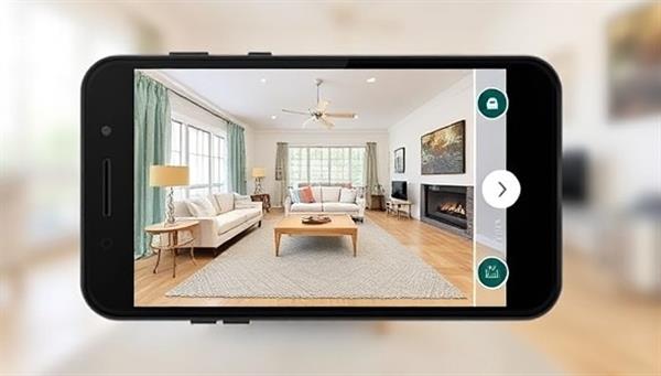 A smartphone displaying an augmented reality view of a living room within a property, with virtual furniture placement, interactive navigation buttons, and real-time property information overlays, demonstrating the immersive and informative nature of the AR HomeExplore app.