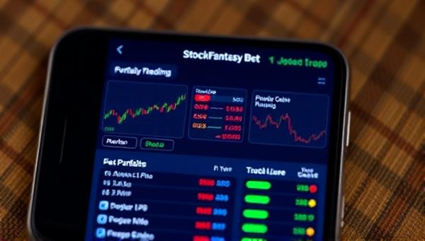 A mobile screen displaying the StockFantasy Bet app interface with colorful stock charts, portfolio rankings, and virtual trading competitions, creating an engaging and competitive environment for stock market enthusiasts and fantasy traders.