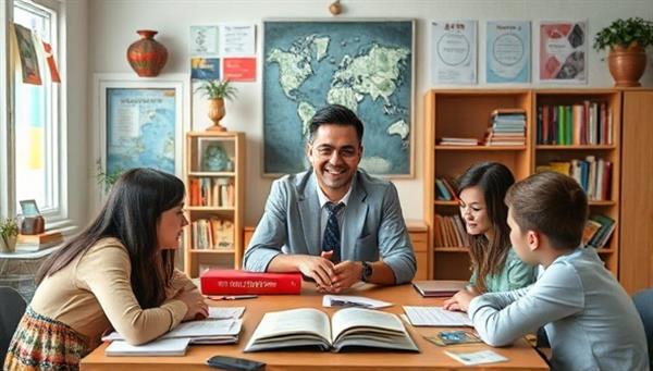 An inspiring language tutor engaging with students from different parts of the world through a virtual classroom, surrounded by language textbooks, cultural artifacts, and digital language learning tools, creating an immersive and educational setting.