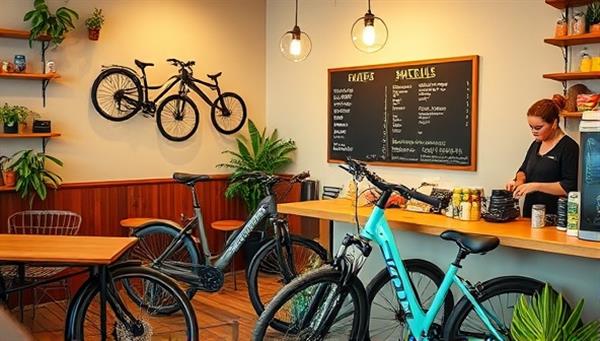 A vibrant and inviting cafe interior with a display of sleek electric bikes, a chalkboard menu showcasing healthy snacks, and a barista preparing a latte, creating a cozy and eco-friendly atmosphere.