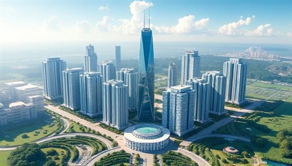 An immersive virtual world showcasing digital skyscrapers, landscapes, and properties within a blockchain-powered environment, highlighting the futuristic concept of virtual real estate ownership and investment through BlockEstates.