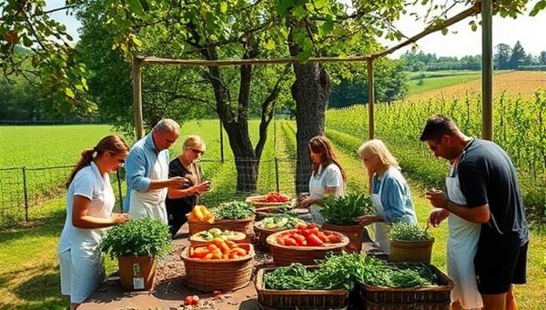 A picturesque scene of a farm landscape with participants engaged in a hands-on cooking class under a canopy of trees, surrounded by baskets of freshly harvested vegetables and herbs, evoking a sense of culinary creativity and connection to nature.