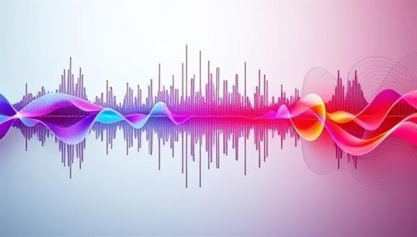 An abstract visualization of sound waves morphing into personalized messages tailored to different listener profiles, illustrating the dynamic and customized nature of the advertising platform.