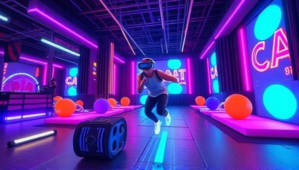 An immersive virtual reality scene showcasing a player in action, jumping over virtual obstacles and dodging challenges in a vibrant and dynamic game environment, capturing the excitement and physical engagement of FitQuest VR.