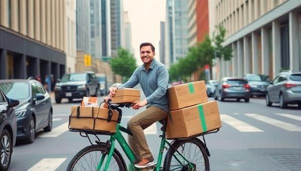 An urban scene with a cargo bike rider navigating through city streets, loaded with packages and smiling at satisfied customers, showcasing eco-friendly delivery and community engagement.