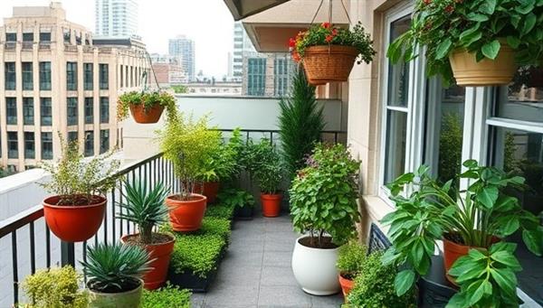 An urban balcony transformed into a lush garden oasis with potted plants, herbs, and hanging baskets, creating a serene and green retreat in the midst of the cityscape, inspiring urban dwellers to embrace gardening in limited spaces.