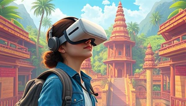 An enchanting digital illustration portraying a virtual reality traveler wearing a headset and exploring a vibrant digital recreation of an exotic destination like a tropical rainforest, ancient ruins, or bustling markets, surrounded by interactive elements and informative guides, capturing the essence of virtual travel and discovery.