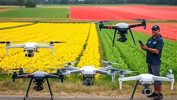 An engaging visual of a diverse range of agricultural drones lined up for rental, with vibrant farm fields in the background and a professional drone operator demonstrating the equipment, highlighting the accessibility and efficiency of agricultural drone rental services.