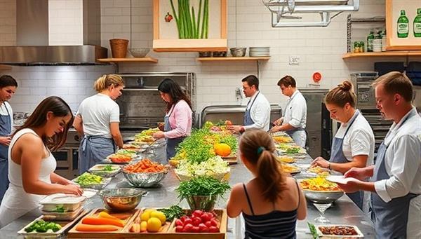 A vibrant kitchen setting with participants actively engaged in cooking activities, surrounded by colorful ingredients, chef demonstrations, and interactive cooking stations, conveying a lively and immersive culinary experience.