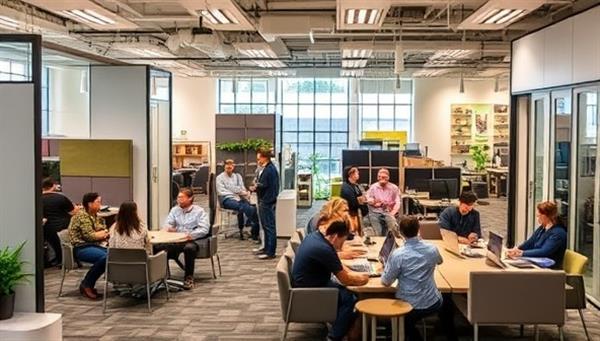 An adaptable commercial space featuring movable walls, flexible furniture arrangements, and a diverse group of professionals collaborating in a dynamic and innovative workspace environment, embodying the flexibility and creativity facilitated by FlexSpace Innovations