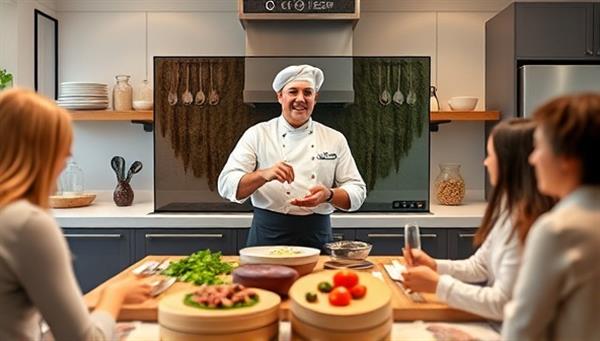 A virtual kitchen setting with a celebrity chef demonstrating a cooking technique to a group of participants through a live video feed, showcasing the interactive and engaging nature of the virtual cooking classes.