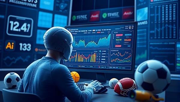 An artistic representation of a futuristic AI analyzing sports data and providing insights on a digital screen, surrounded by sports equipment and statistics, illustrating the data-driven and predictive nature of the BetBoostAI sports betting advisor.