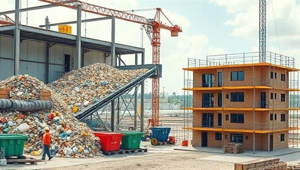 A construction site with workers sorting different types of waste materials into recycling bins, a conveyor belt transporting materials for processing, and a finished building constructed using recycled materials, showcasing the circular economy concept and sustainable construction practices.