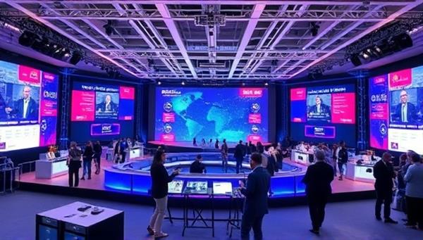 An immersive virtual event setup featuring a digital conference stage with interactive elements, virtual booths, and engaged attendees networking and participating in sessions, creating a futuristic and engaging event experience.