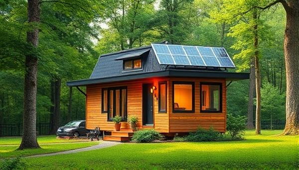 A stunning, modern tiny house nestled in a lush green forest setting, showcasing solar panels, a rainwater collection system, and large windows for natural lighting, portraying harmony with nature and eco-conscious living.