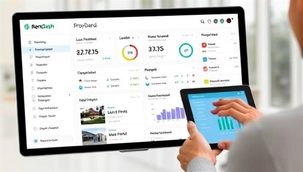 An intuitive and user-friendly dashboard interface displaying property listings, financial summaries, and maintenance requests, with a landlord accessing the platform on a tablet, highlighting the convenience of RentDash Pro for property management tasks.