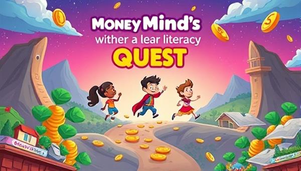 A vibrant visual of animated characters engaging in a financial literacy quest within the app interface, with coins, dollar signs, and educational milestones scattered throughout the digital landscape, conveying a sense of adventure and learning excitement in mastering money management skills with MoneyMinds Quest, inspiring users to embark on a fun and educational financial journey.