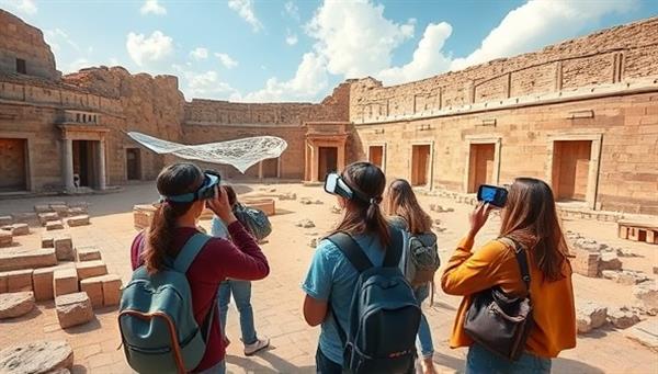 An immersive virtual reality scene showing students exploring an ancient archaeological site with interactive elements, guided by a virtual tour guide, creating a dynamic and educational experience without physical travel.