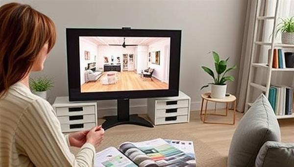 A virtual interior design consultation with a designer presenting a 3D room layout on a screen, surrounded by color swatches, fabric samples, and design catalogs, creating an inspiring and visually appealing design presentation, illustrating the virtual design process.