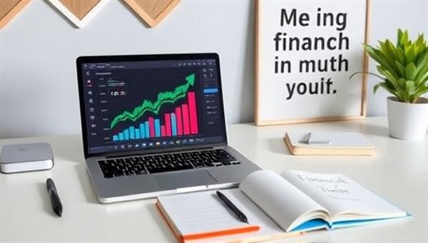 A modern, minimalist desk setup with a laptop displaying financial charts, a notebook with financial goals written on it, and a motivational poster in the background, symbolizing financial empowerment and growth.