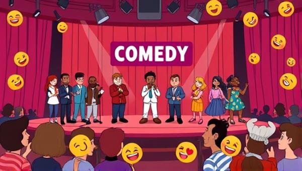 A whimsical digital illustration showcasing a virtual comedy club stage with a diverse lineup of animated comedians performing, a laughing audience of avatars, and interactive emojis floating around, capturing the joy and humor of an online comedy community.