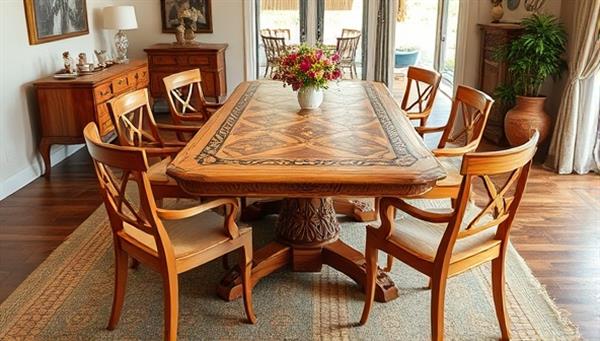 An intricately designed wooden dining table surrounded by handcrafted chairs in a stylishly curated dining room setting, showcasing the elegance and craftsmanship of bespoke wooden furniture pieces.