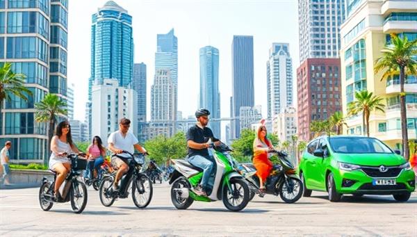 A vibrant cityscape with diverse individuals using various sustainable transportation modes like e-scooters, electric bikes, and eco-friendly cars, showcasing a modern and eco-conscious urban lifestyle.