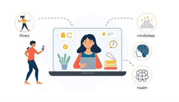 A virtual coaching session illustration showing a coach interacting with a client through a video call, surrounded by icons representing fitness, nutrition, mindfulness, and mental health, symbolizing comprehensive wellness support.