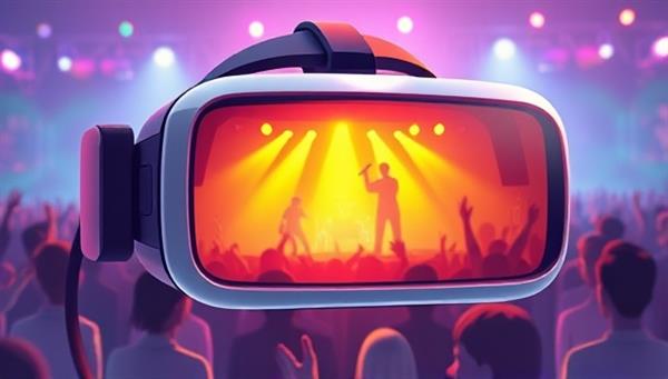 An illustration of a virtual reality headset displaying a vibrant concert stage with a crowd of avatars enjoying a live music performance, capturing the essence of the immersive VR concert experience.