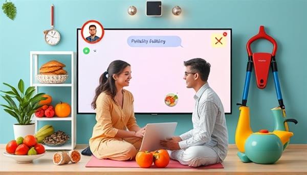 A vibrant virtual health coaching session with a coach and client interacting on a digital platform, surrounded by images of healthy food, fitness equipment, and positive affirmations, promoting a holistic approach to well-being.