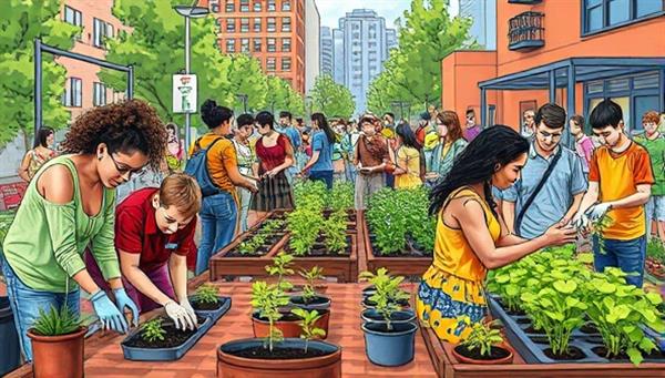 A vibrant illustration of a bustling urban garden workshop with participants of diverse backgrounds engaging in hands-on gardening activities, planting seedlings, and tending to green plants in a city setting, showcasing the beauty and potential of sustainable urban gardening practices, fostering a sense of community and environmental stewardship.