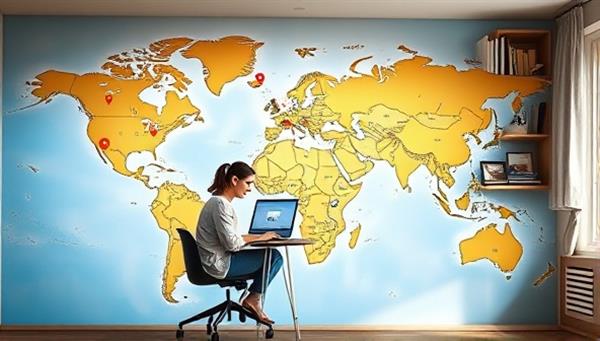 An imaginative digital map dotted with destination pins and travel icons, overlaid with a cozy home office setup featuring a travel concierge assisting a client virtually, capturing the essence of WanderWave Concierge