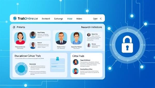 A digital illustration of the TrialsOnline Connect platform interface, featuring a user-friendly design with profiles of patients and research institutions, interactive educational resources on clinical trials, and a secure data encryption symbol, conveying trust, connectivity, and innovation in the clinical research space.