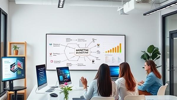 A modern office workspace with digital marketing graphics on computer screens, a whiteboard with a strategic marketing plan, and a team brainstorming ideas together, reflecting creativity and innovation in the digital realm.