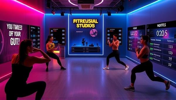 An immersive virtual fitness studio environment with digital trainers guiding users through interactive workout routines, surrounded by motivational quotes and progress trackers, embodying the dynamic and engaging nature of FitFusion Studio