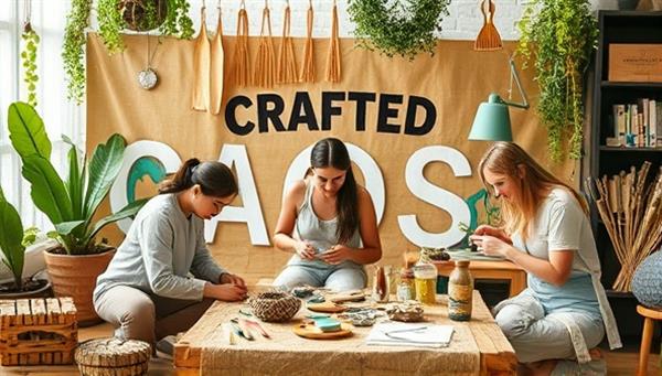 An artistic and earthy visual representation of an eco-friendly crafting workshop, featuring participants engaged in creating handmade items from recycled materials, surrounded by natural elements like plants, wood accents, and sustainable crafting tools, embodying a spirit of creativity and environmental consciousness.