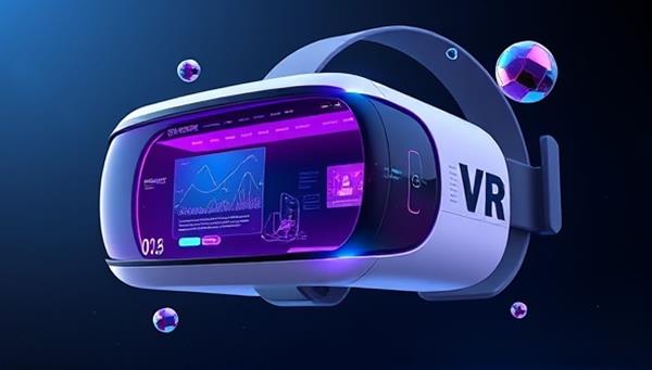An artistic rendering of a sleek VR headset displaying a futuristic web design environment, with floating elements and interactive features, illustrating the immersive and innovative nature of VRStudioWeb